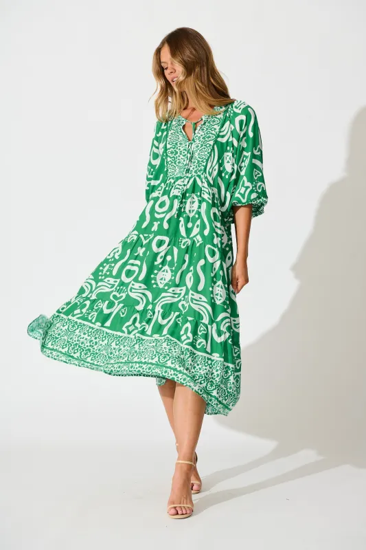 Barrymore Midi Smock Dress in Green Print sold by St Frock