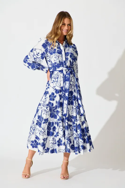 Sabrina Maxi Shirt Dress in Cobalt Floral sold by St Frock