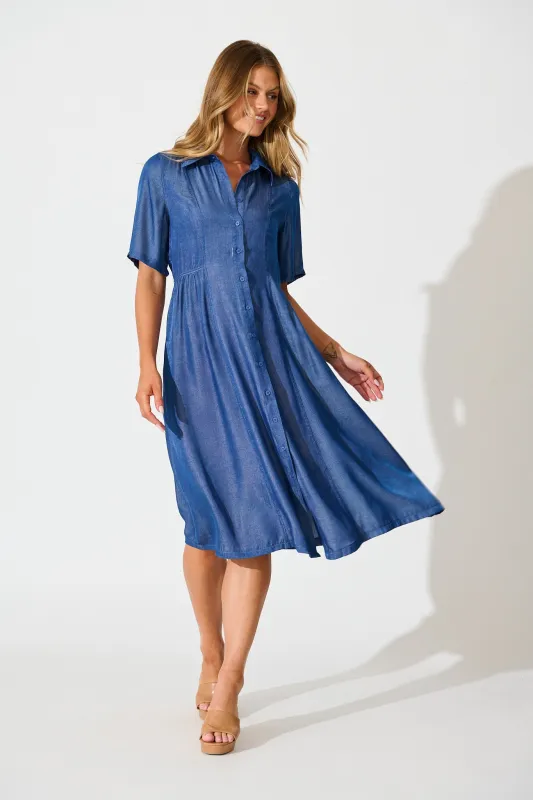Aria Midi Shirt Dress in Blue Chambray sold by St Frock