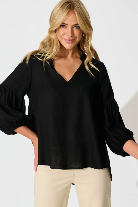 Jasper Top In Black Linen Blend sold by St Frock