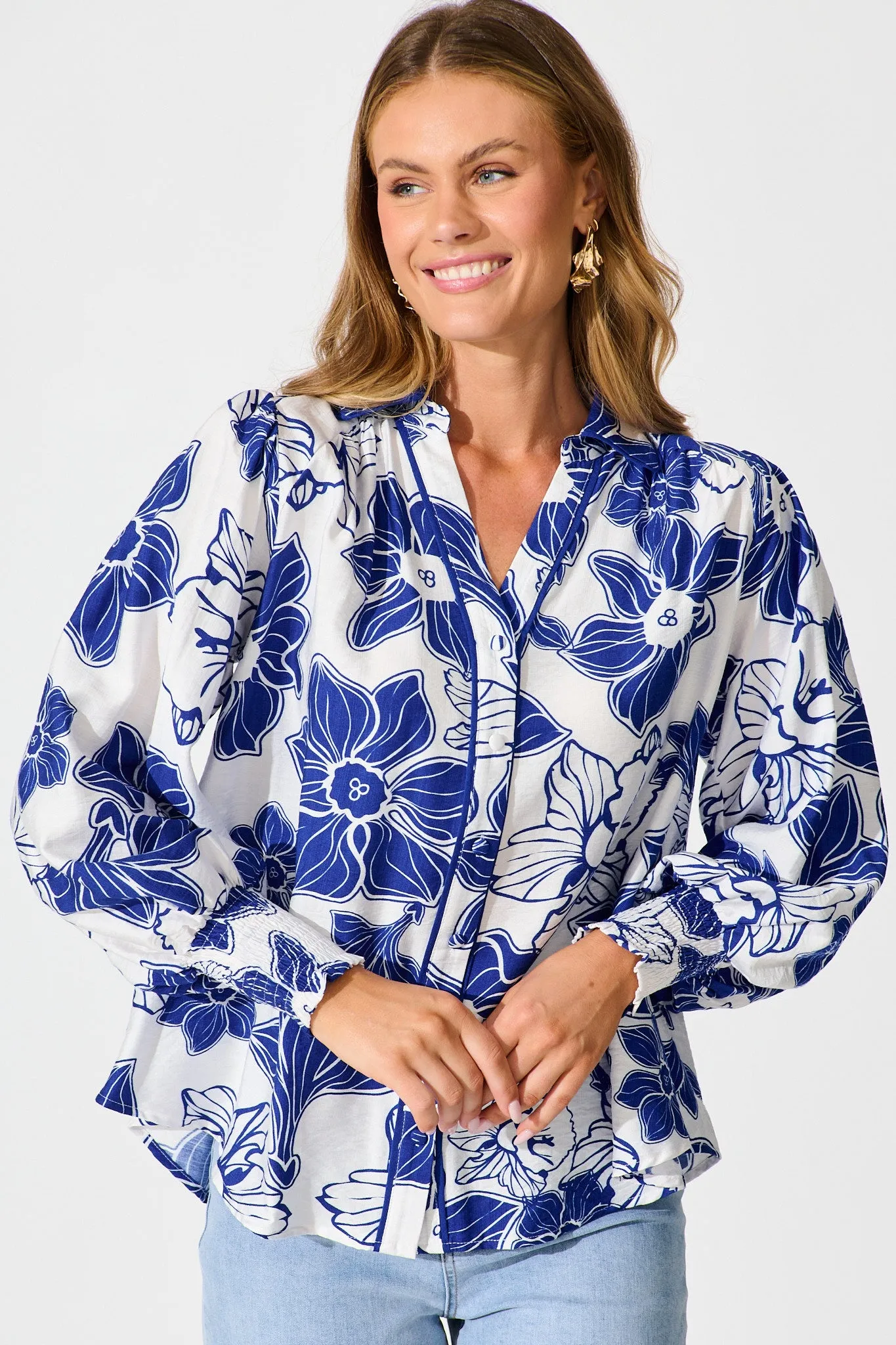 Colette Shirt in Cobalt Floral sold by St Frock