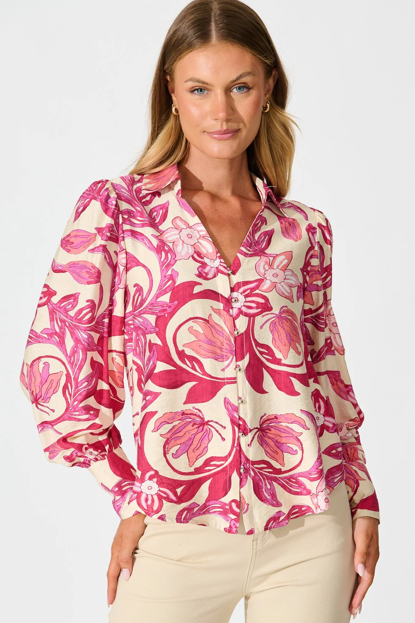 Florence Shirt in Pink Floral Print sold by St Frock