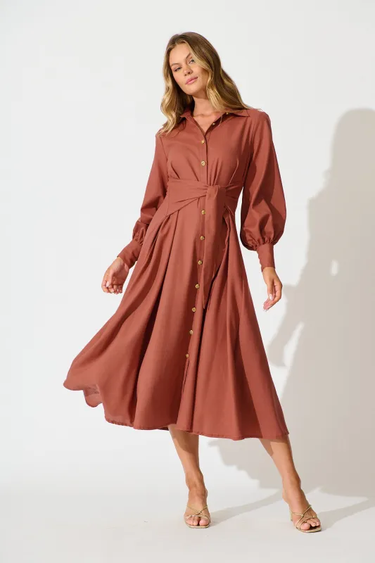 Ciao Bella Maxi Shirt Dress In Rust Linen Blend sold by St Frock