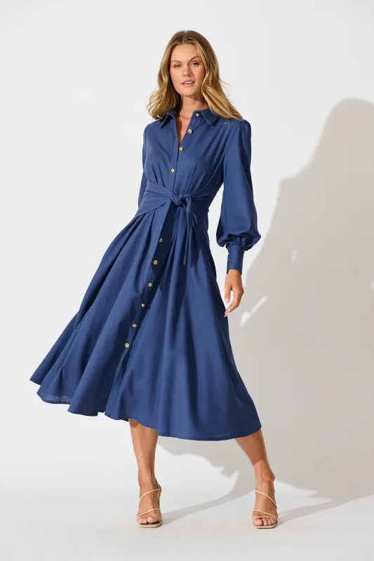 Ciao Bella Maxi Shirt Dress in Navy Linen Blend sold by St Frock