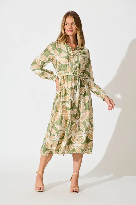 Brunswick Midi Shirt Dress in Green with Beige Leaf sold by St Frock