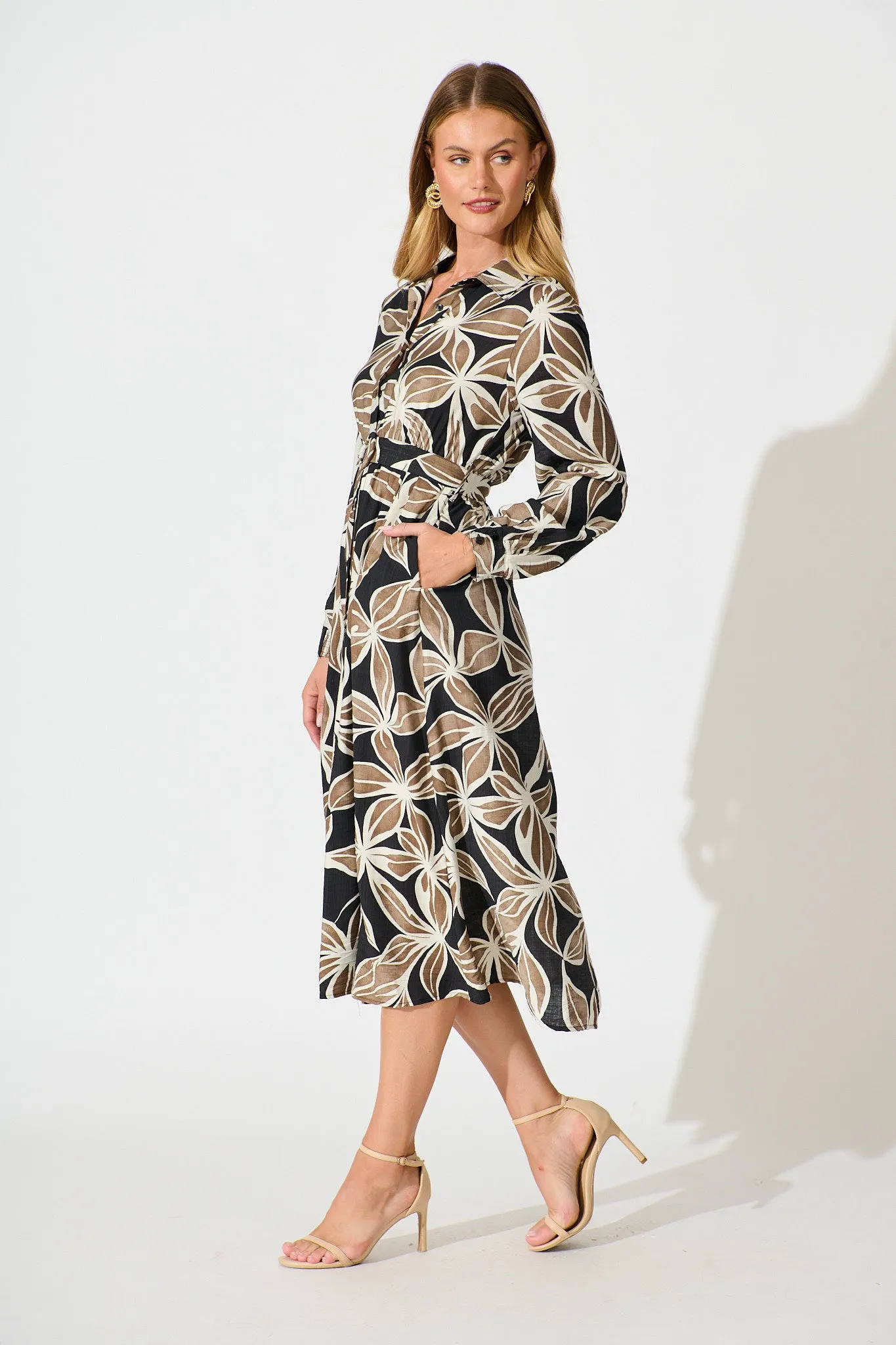 Brunswick Midi Shirt Dress in Black with Brown Leaf sold by St Frock product image thumbnail 3