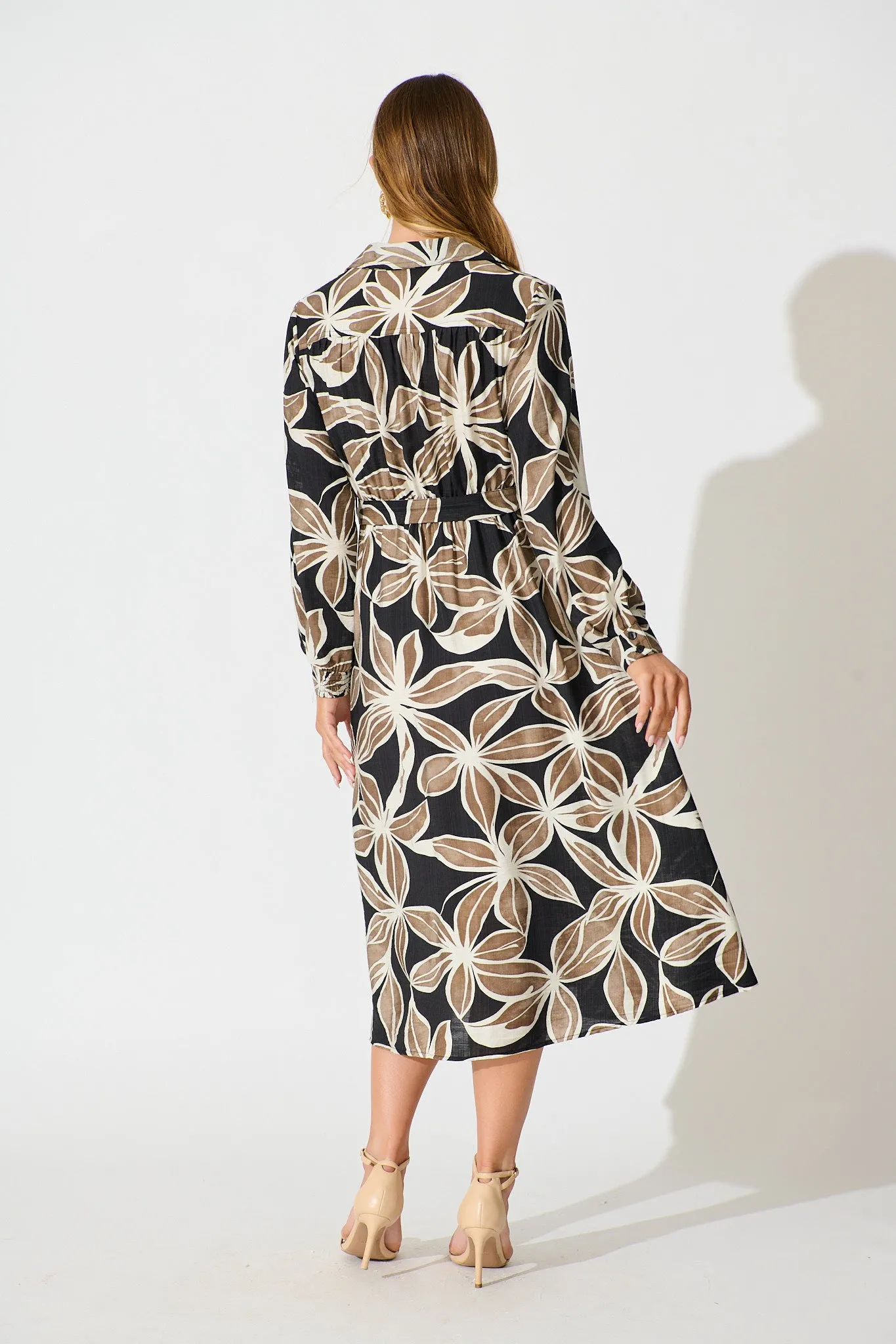 Brunswick Midi Shirt Dress in Black with Brown Leaf sold by St Frock product image thumbnail 4