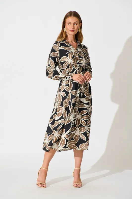 Brunswick Midi Shirt Dress in Black with Brown Leaf sold by St Frock
