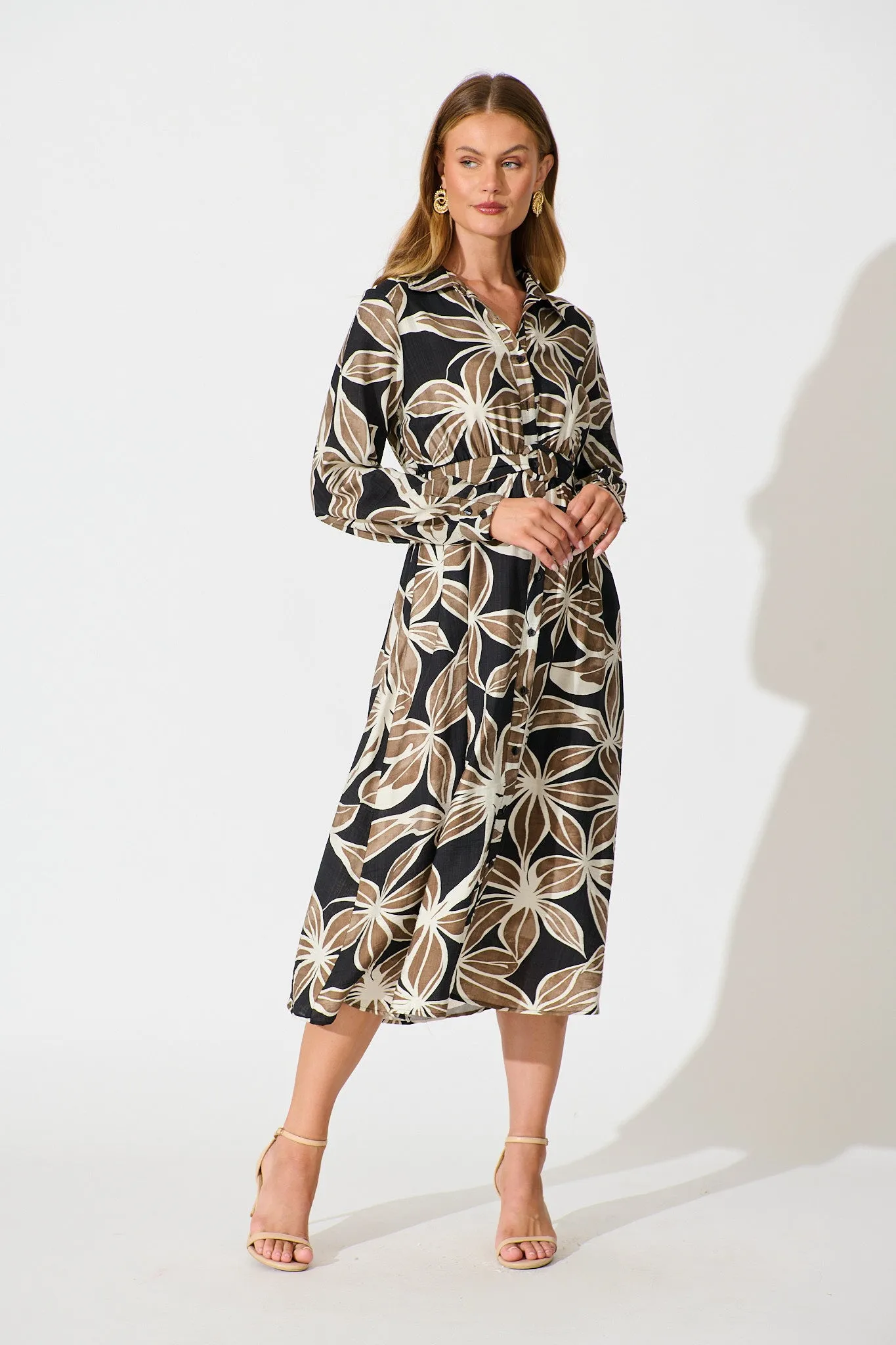 Brunswick Midi Shirt Dress in Black with Brown Leaf sold by St Frock