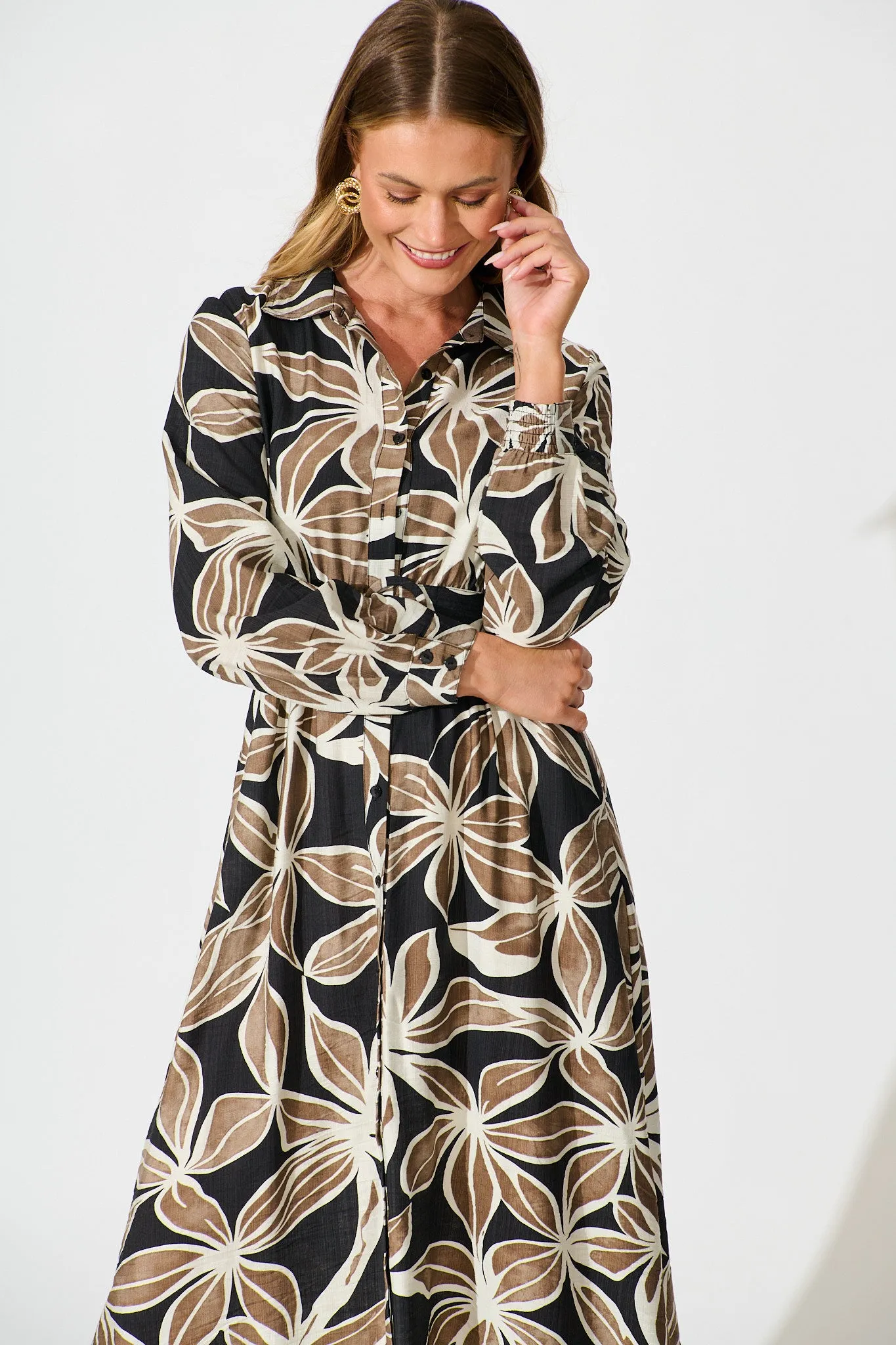 Brunswick Midi Shirt Dress in Black with Brown Leaf sold by St Frock product image thumbnail 2