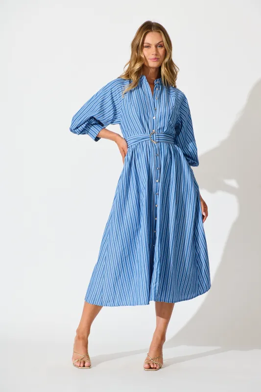 Tatiana Midi Shirt Dress in Blue Stripe Cotton Blend sold by St Frock