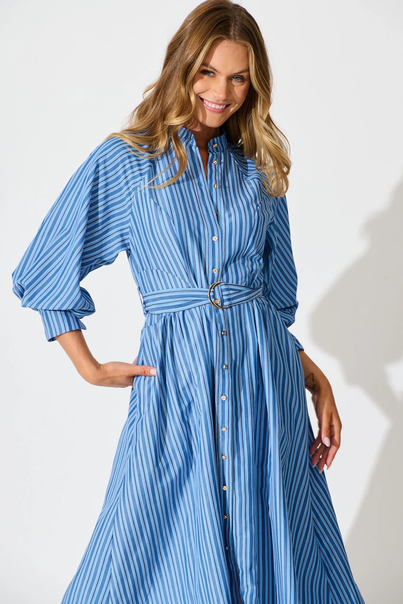 Tatiana Midi Shirt Dress in Blue Stripe Cotton Blend sold by St Frock product image thumbnail 2
