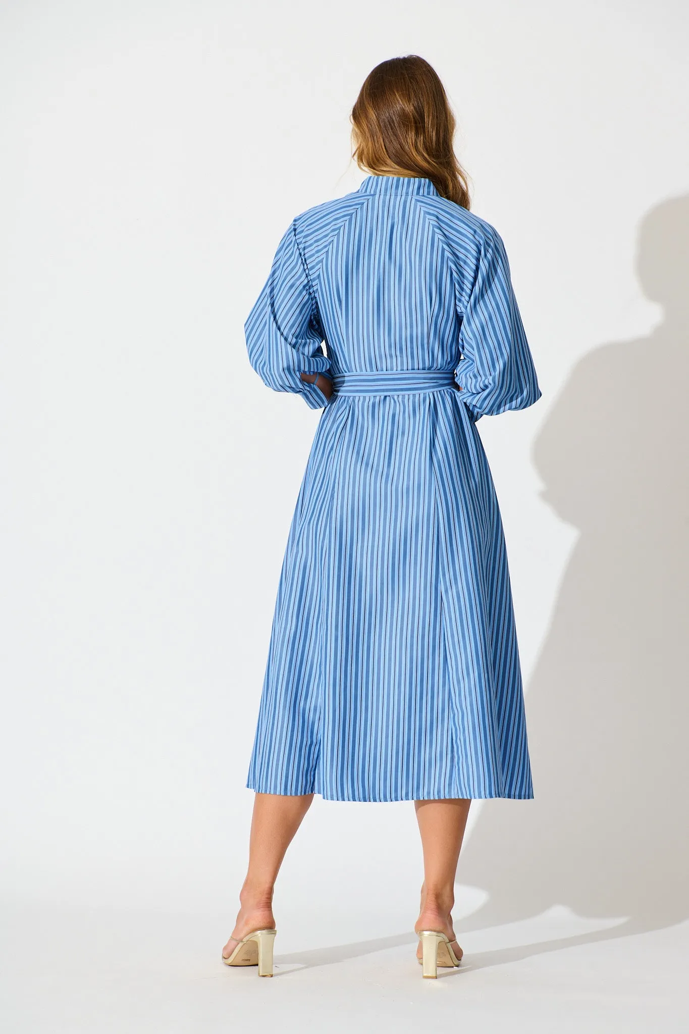 Tatiana Midi Shirt Dress in Blue Stripe Cotton Blend sold by St Frock product image thumbnail 4