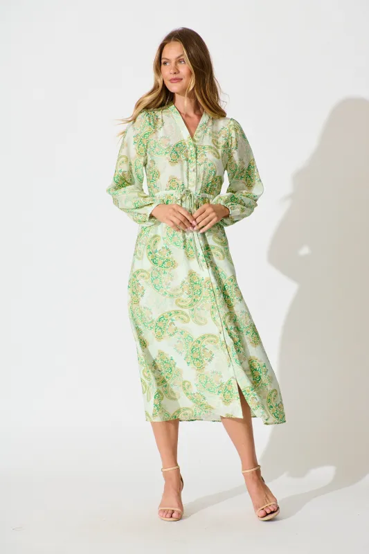 Jordan Midi Dress in Green with Multi Print sold by St Frock
