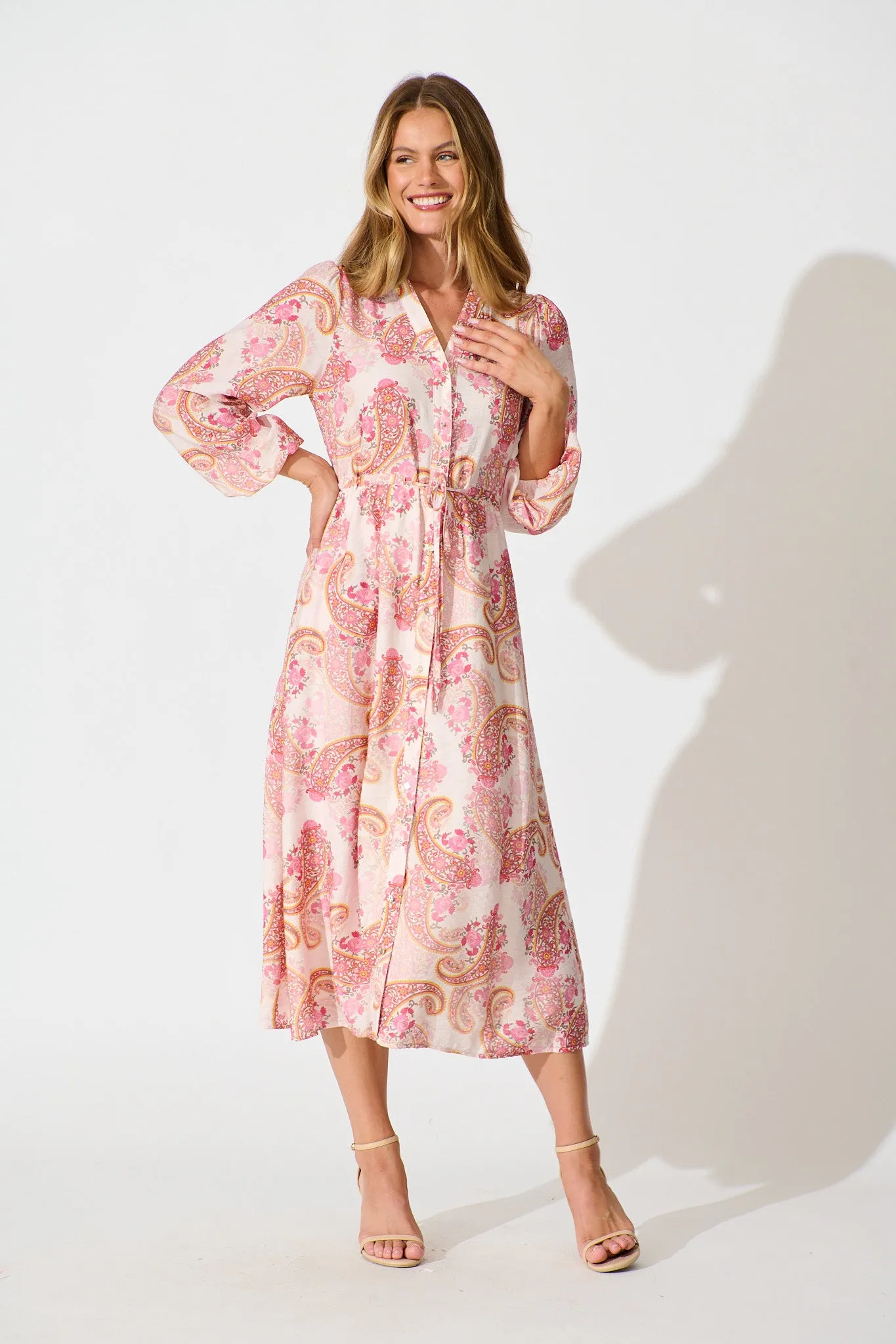 Jordan Midi Dress in Pink with Multi Print sold by St Frock