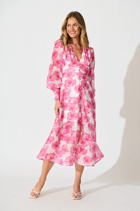 Essence Midi Dress in White with Pink Floral sold by St Frock
