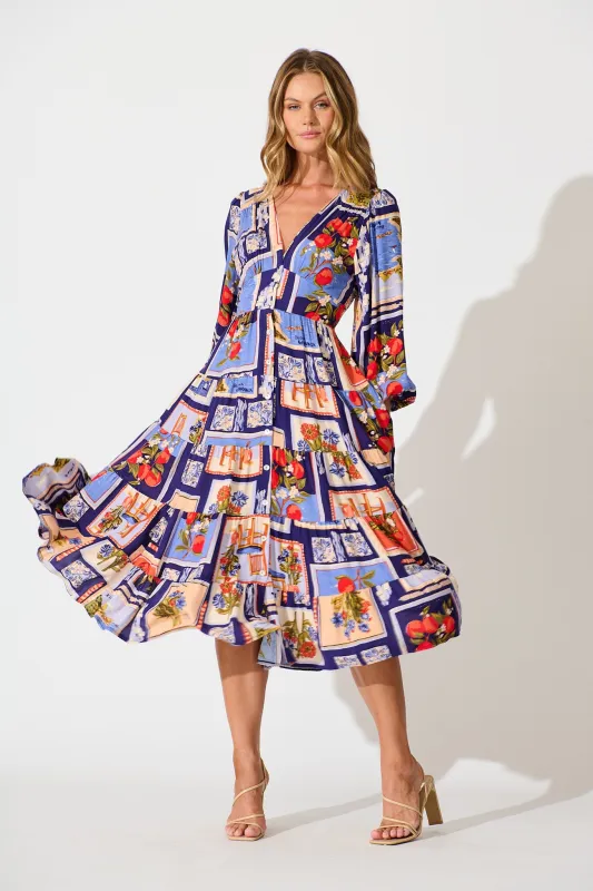 Modical Midi Dress In Blue Multi Postcard Print sold by St Frock