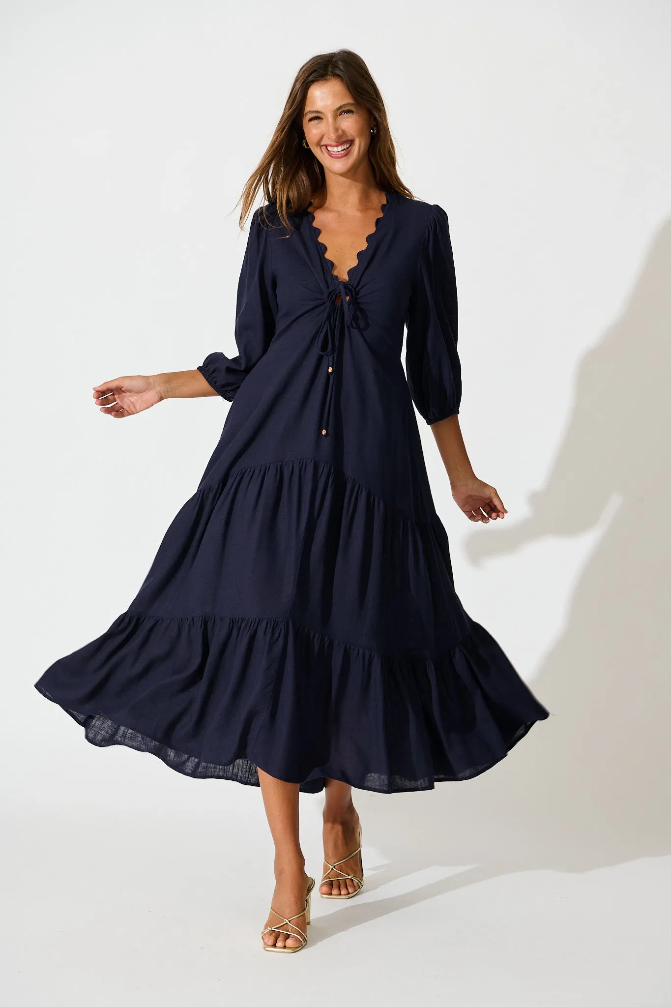 Zena Midi Dress in Navy Linen Blend sold by St Frock