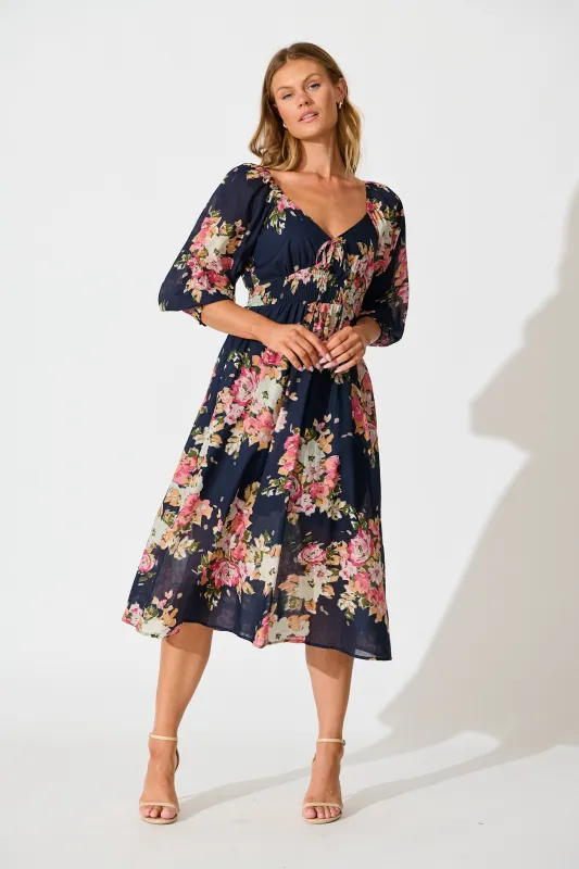 Indianna Midi Dress in Navy with Multi Floral Cotton sold by St Frock