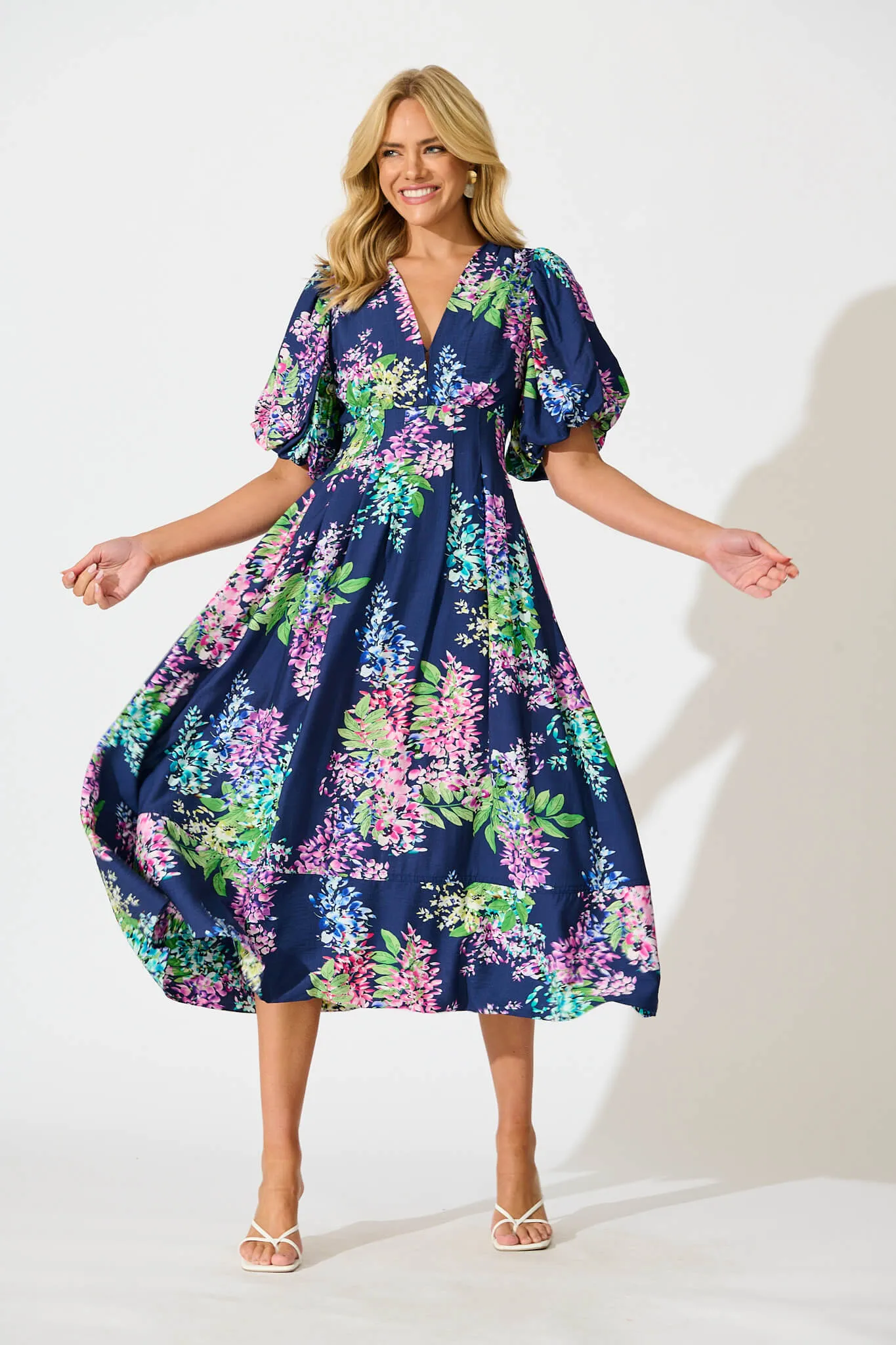 Daydreamer Midi Dress in Navy Wisteria Print sold by St Frock