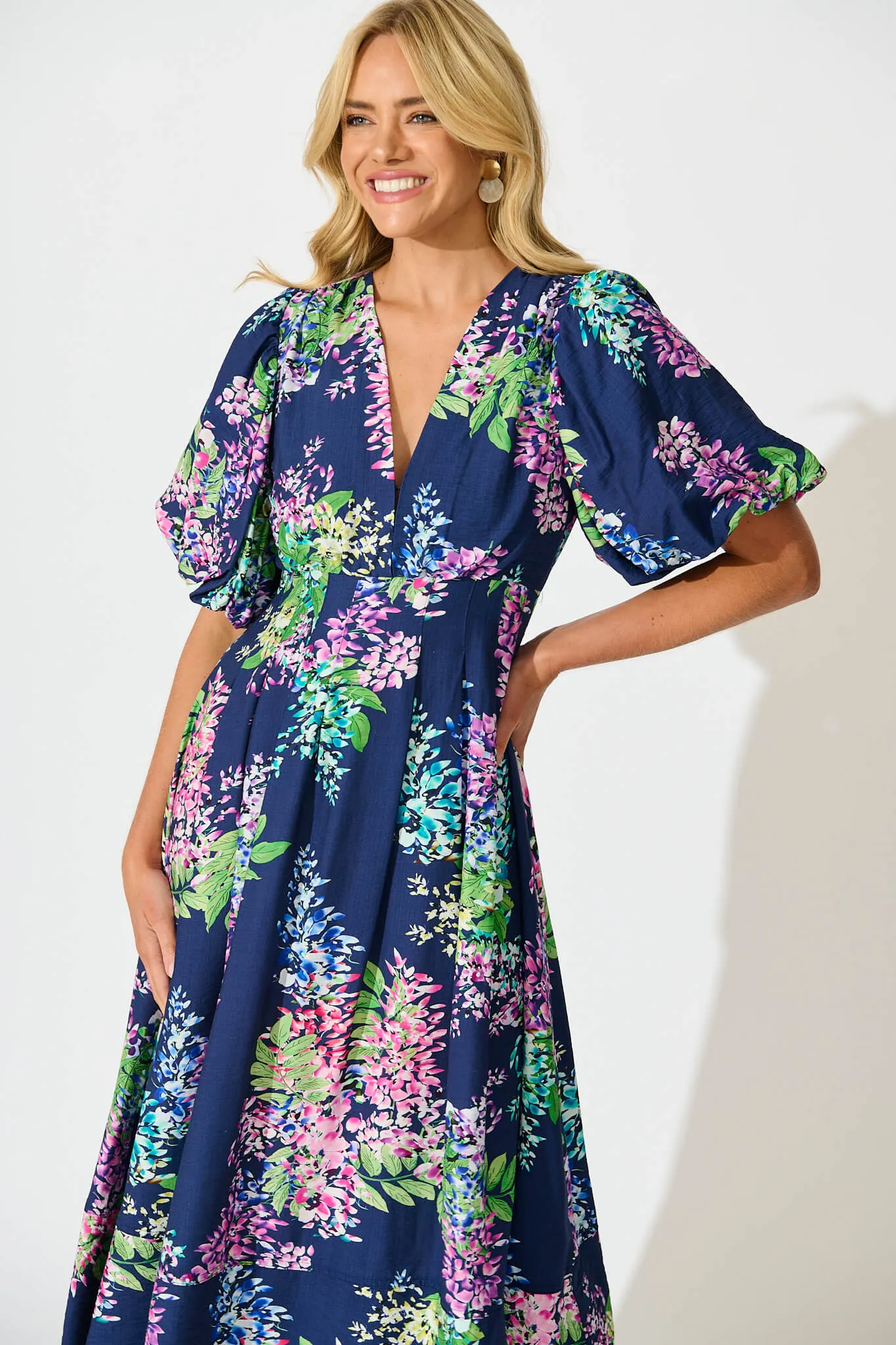 Daydreamer Midi Dress in Navy Wisteria Print sold by St Frock product image thumbnail 2