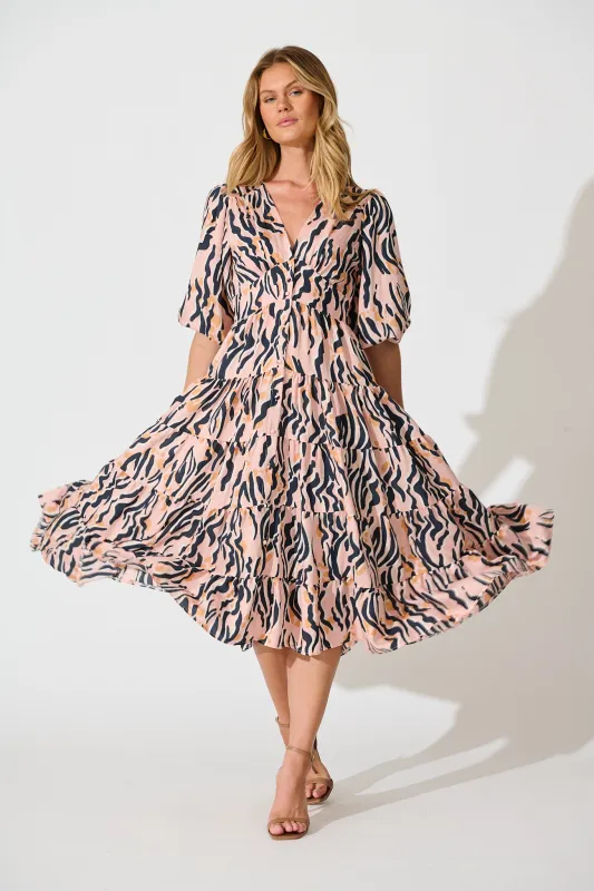 Copenhagen Midi Dress in Blush with Black Print sold by St Frock