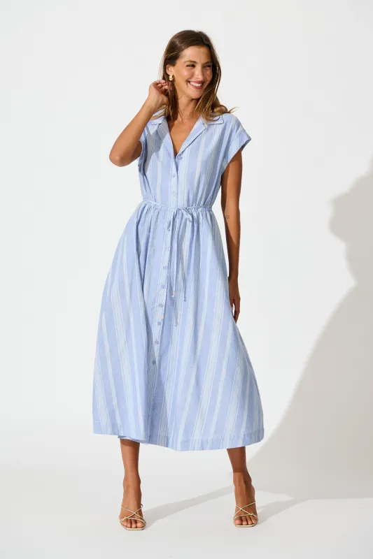 Grace Midi Shirt Dress in Blue and White Stripe sold by St Frock