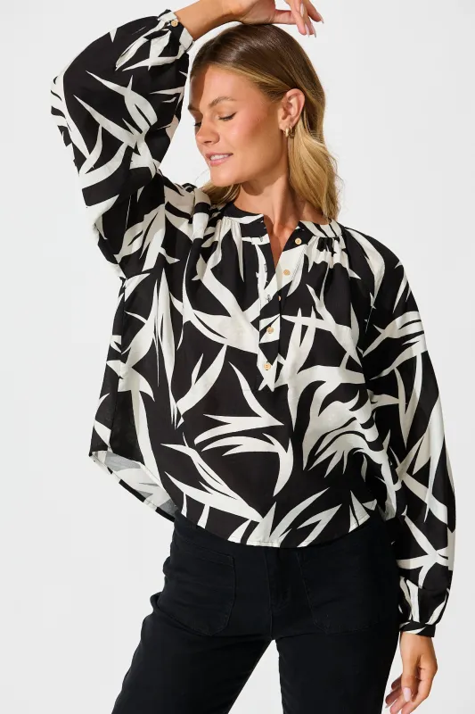 Kelsie Top in Black Leaf Print sold by St Frock