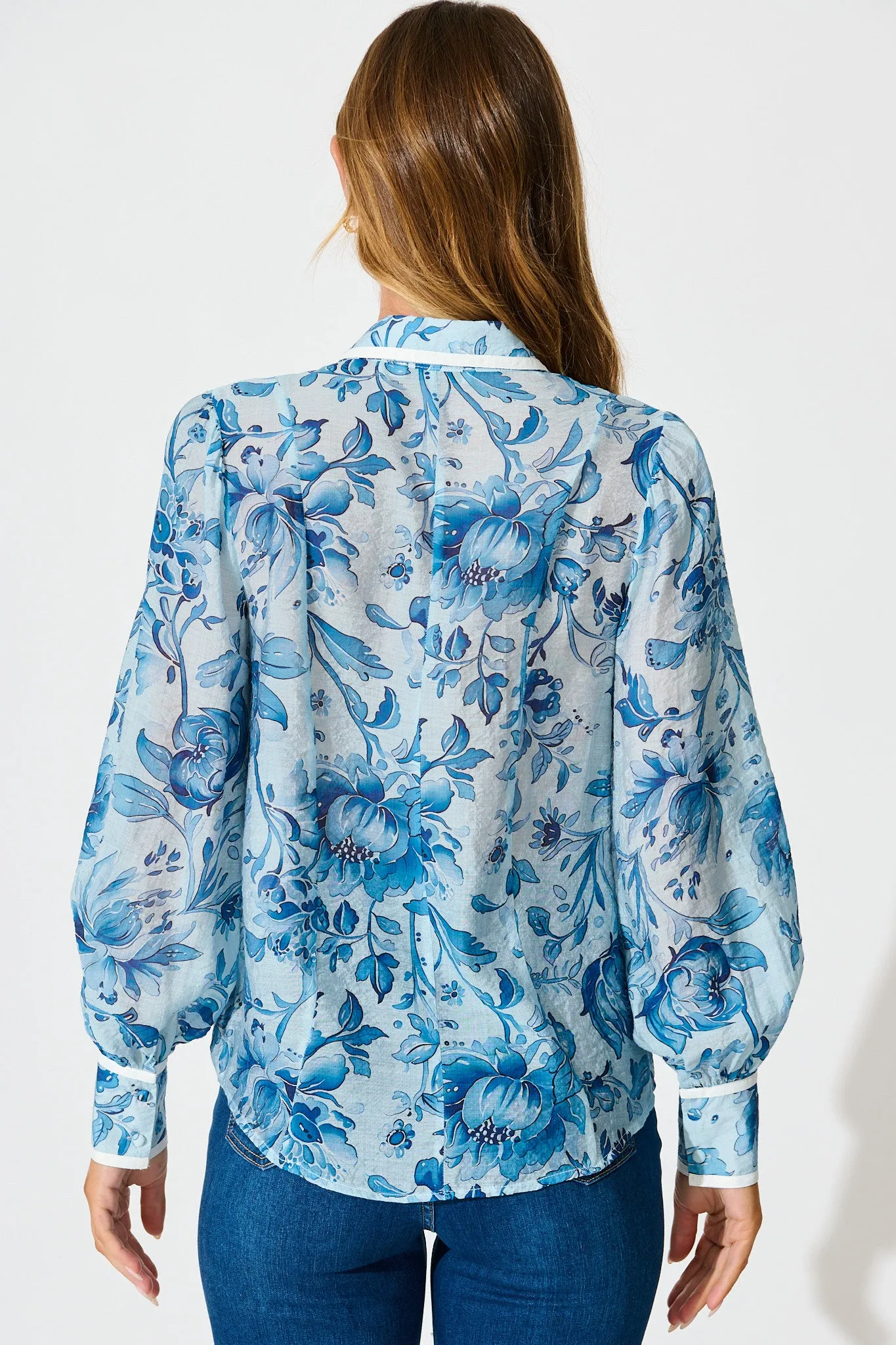 Caprice Shirt in Blue Floral With Stripe Trim sold by St Frock product image thumbnail 3