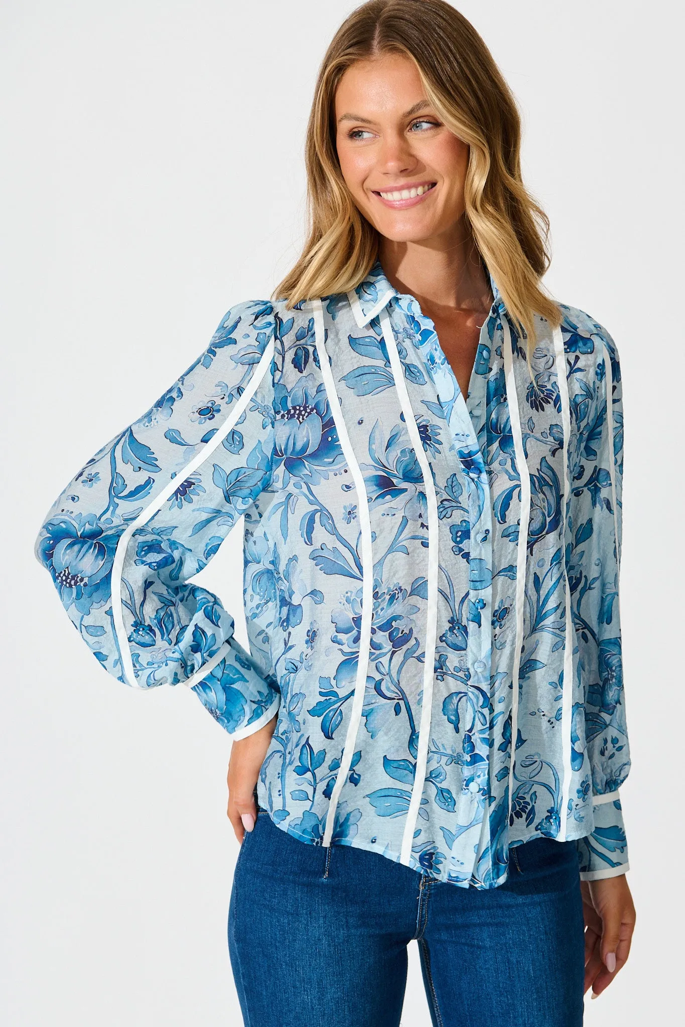 Caprice Shirt in Blue Floral With Stripe Trim sold by St Frock
