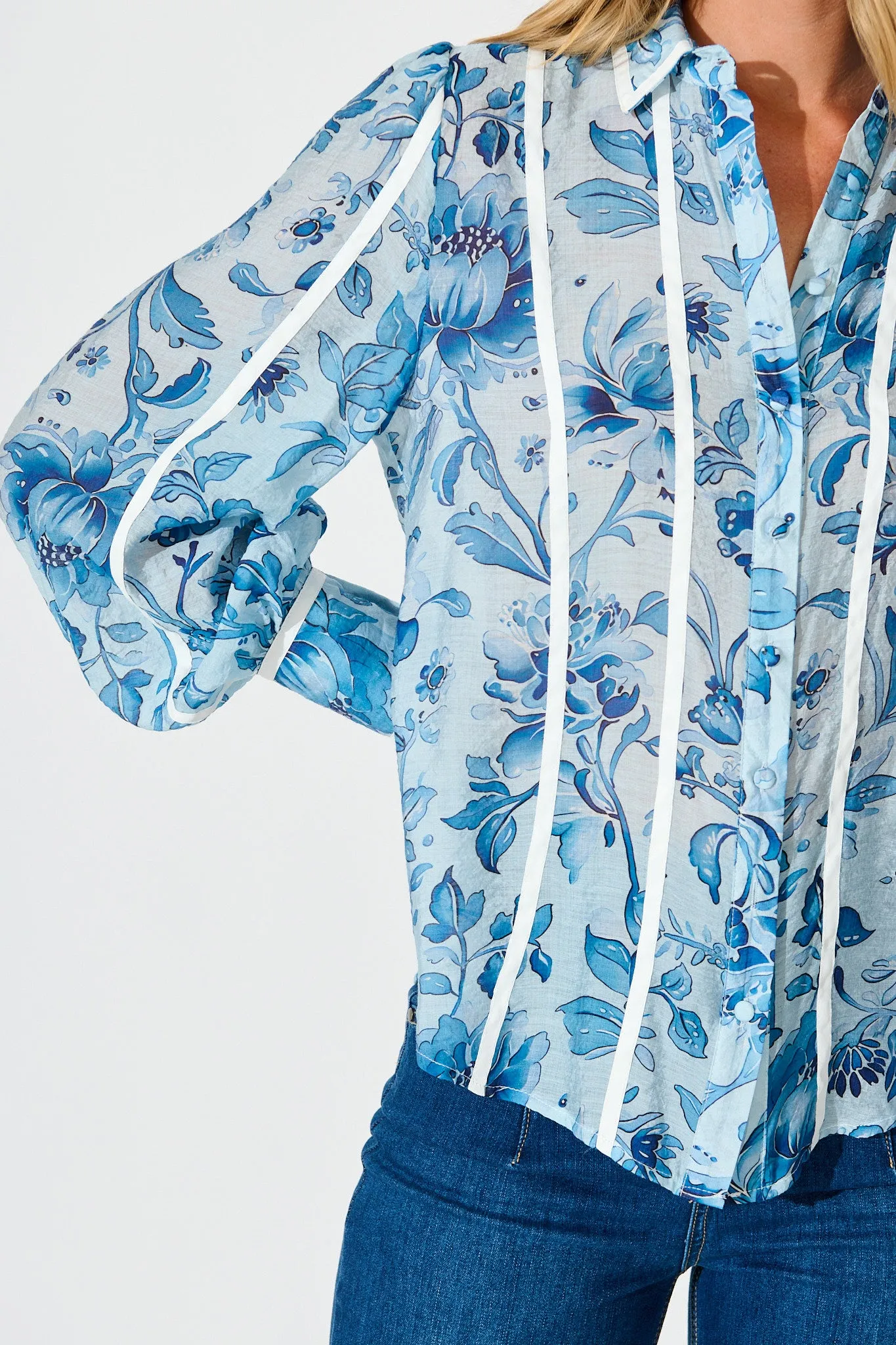 Caprice Shirt in Blue Floral With Stripe Trim sold by St Frock product image thumbnail 5