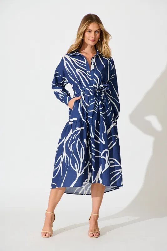 Lexus Midi Shirt Dress in Navy Cotton sold by St Frock