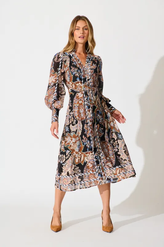 Darlington Midi Dress in Black Multi with Stripe Trim sold by St Frock