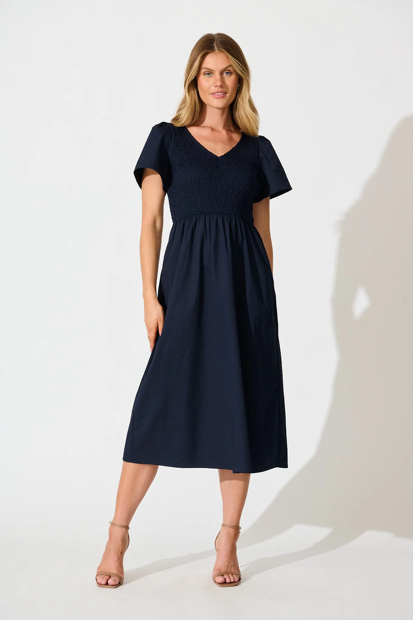 Zest Midi Dress in Navy Cotton sold by St Frock