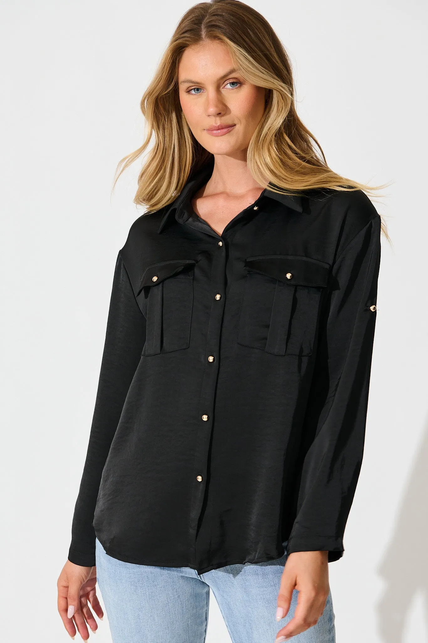 Gracie Shirt in Black Satin sold by St Frock