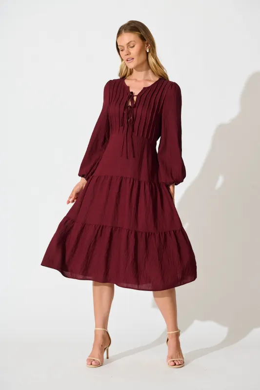 Marietta Tie Front Midi Dress in Wine sold by St Frock