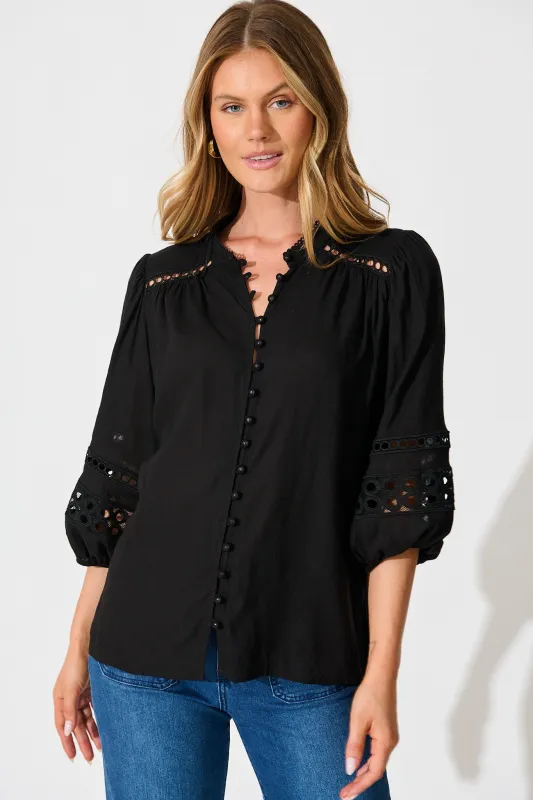 Cascades Top in Black Linen Blend sold by St Frock