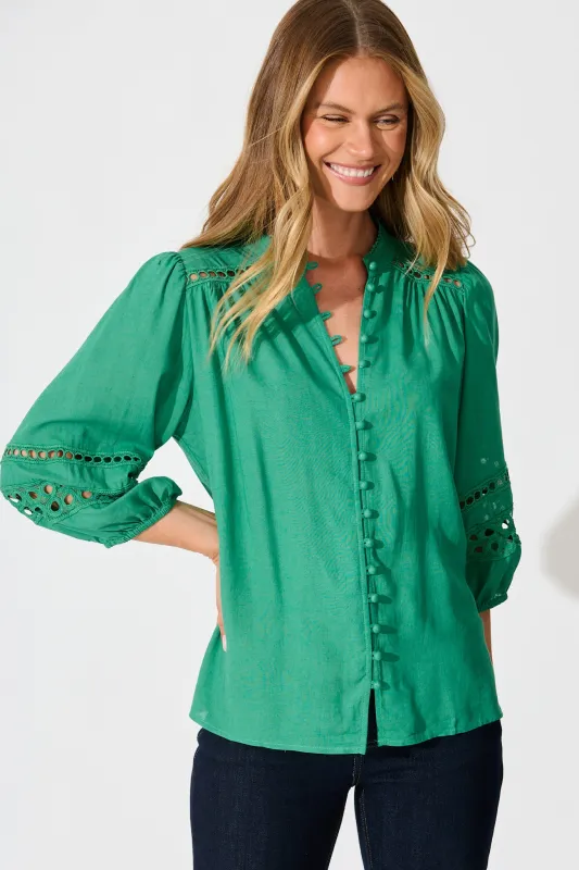 Cascades Top in Emerald Linen Blend sold by St Frock