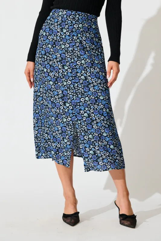 Flourish Midi Skirt in Navy with Blue Floral sold by St Frock