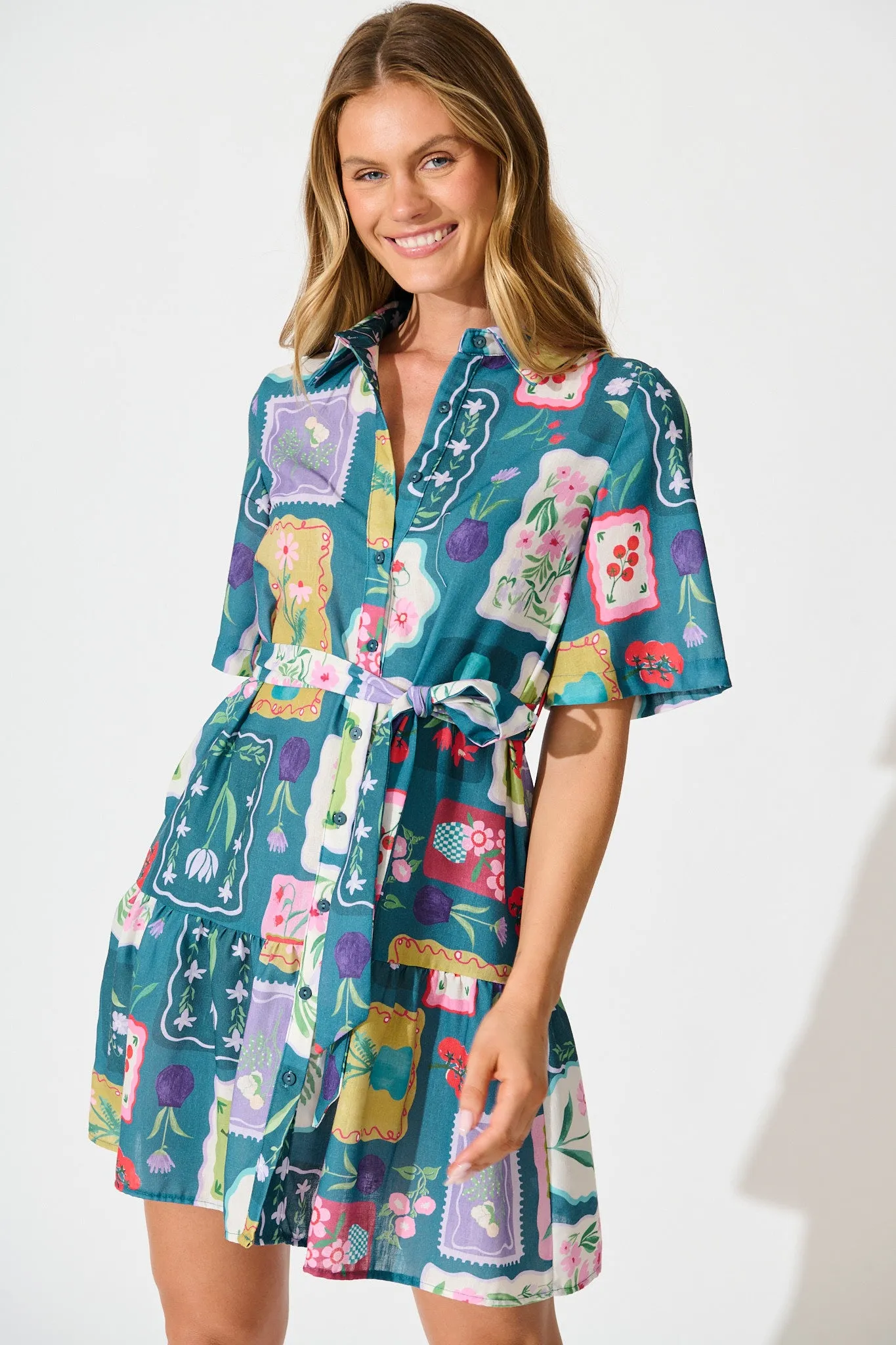 Monte Carlo Shirt Dress in Teal Multi Stamp Print Linen Blend sold by St Frock product image thumbnail 2