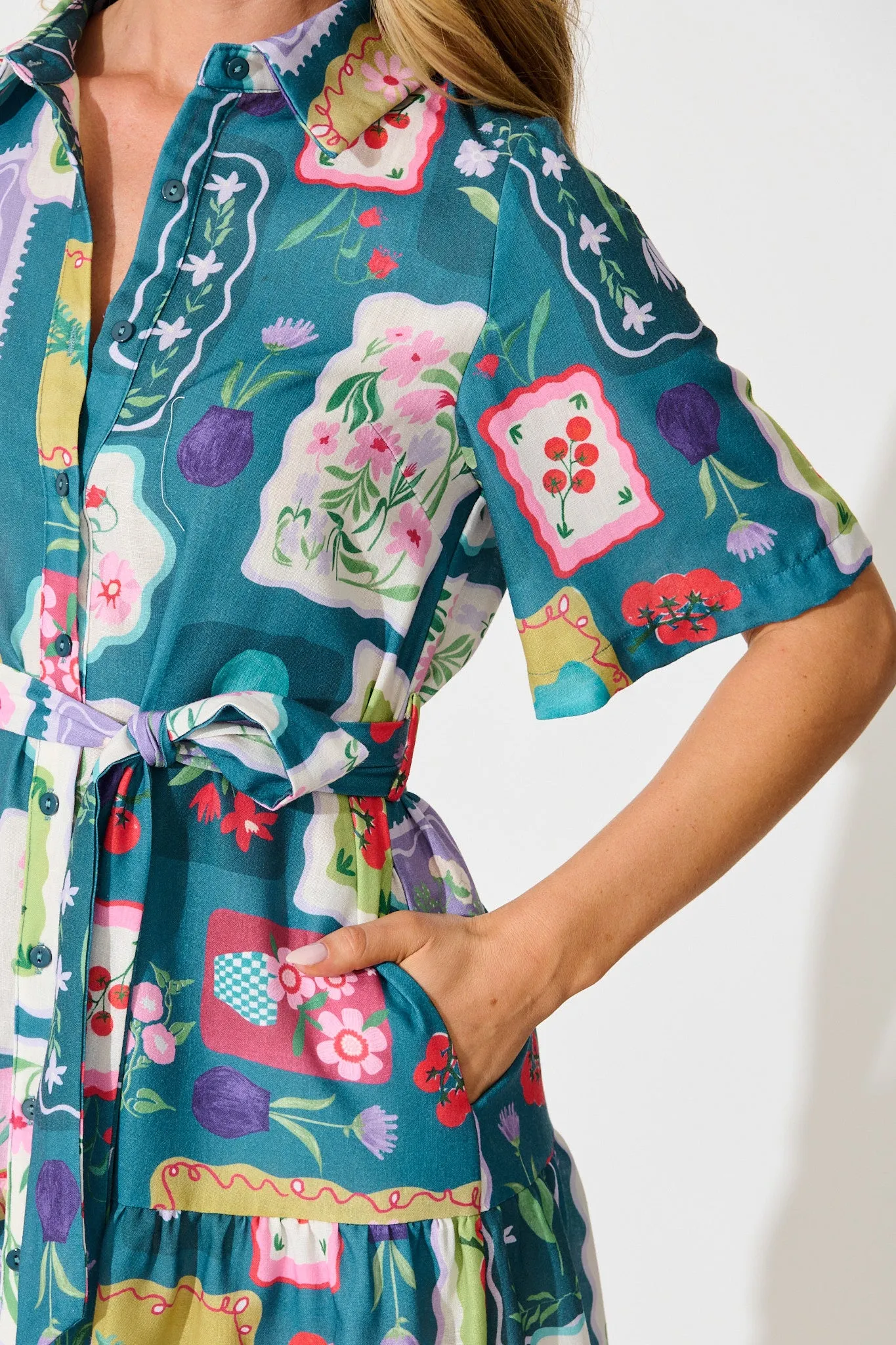 Monte Carlo Shirt Dress in Teal Multi Stamp Print Linen Blend sold by St Frock product image thumbnail 5