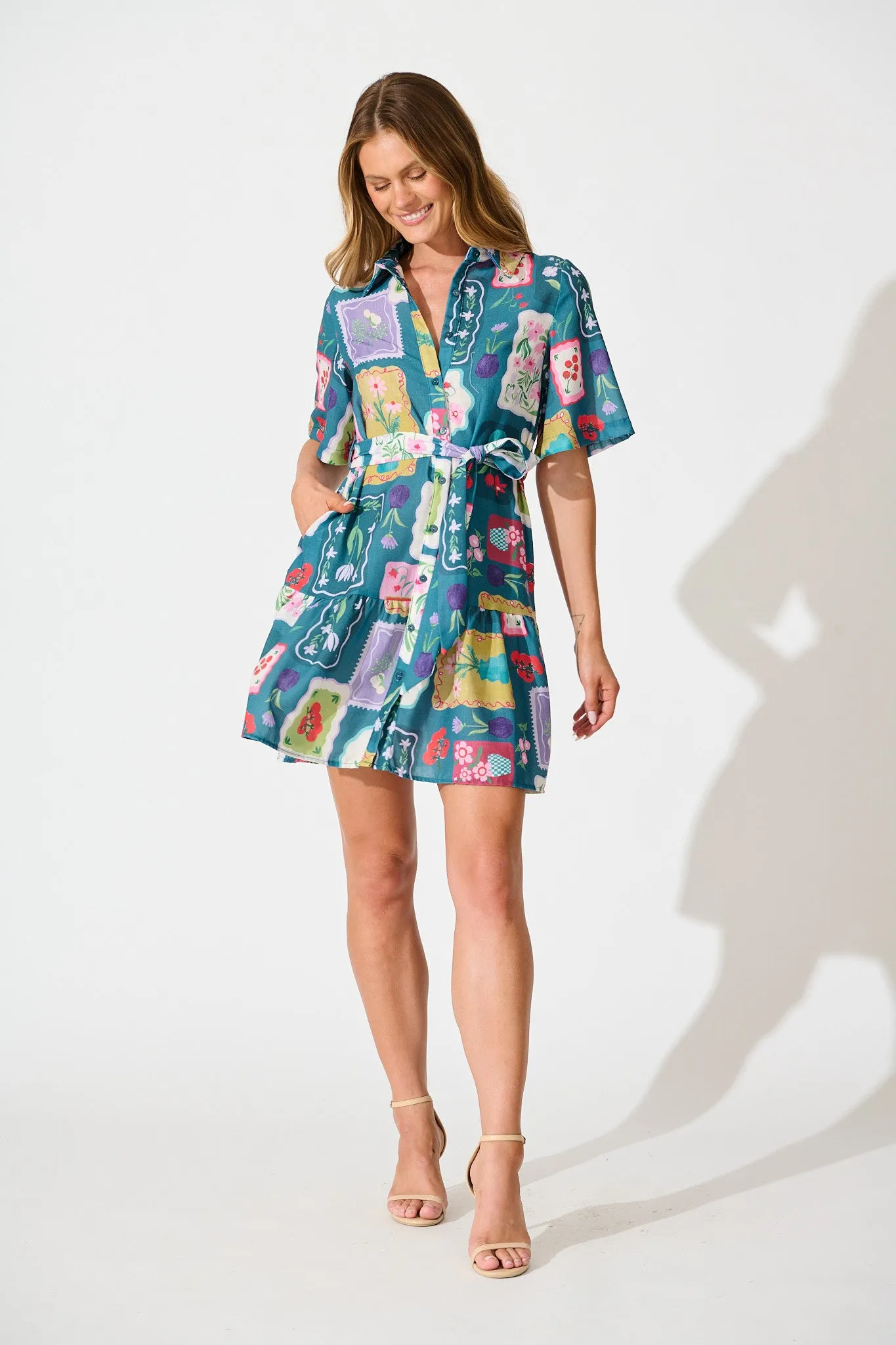Monte Carlo Shirt Dress in Teal Multi Stamp Print Linen Blend sold by St Frock