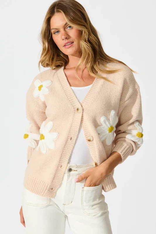 Allona Knit Cardigan in Beige With White Flowers Wool Blend sold by St Frock