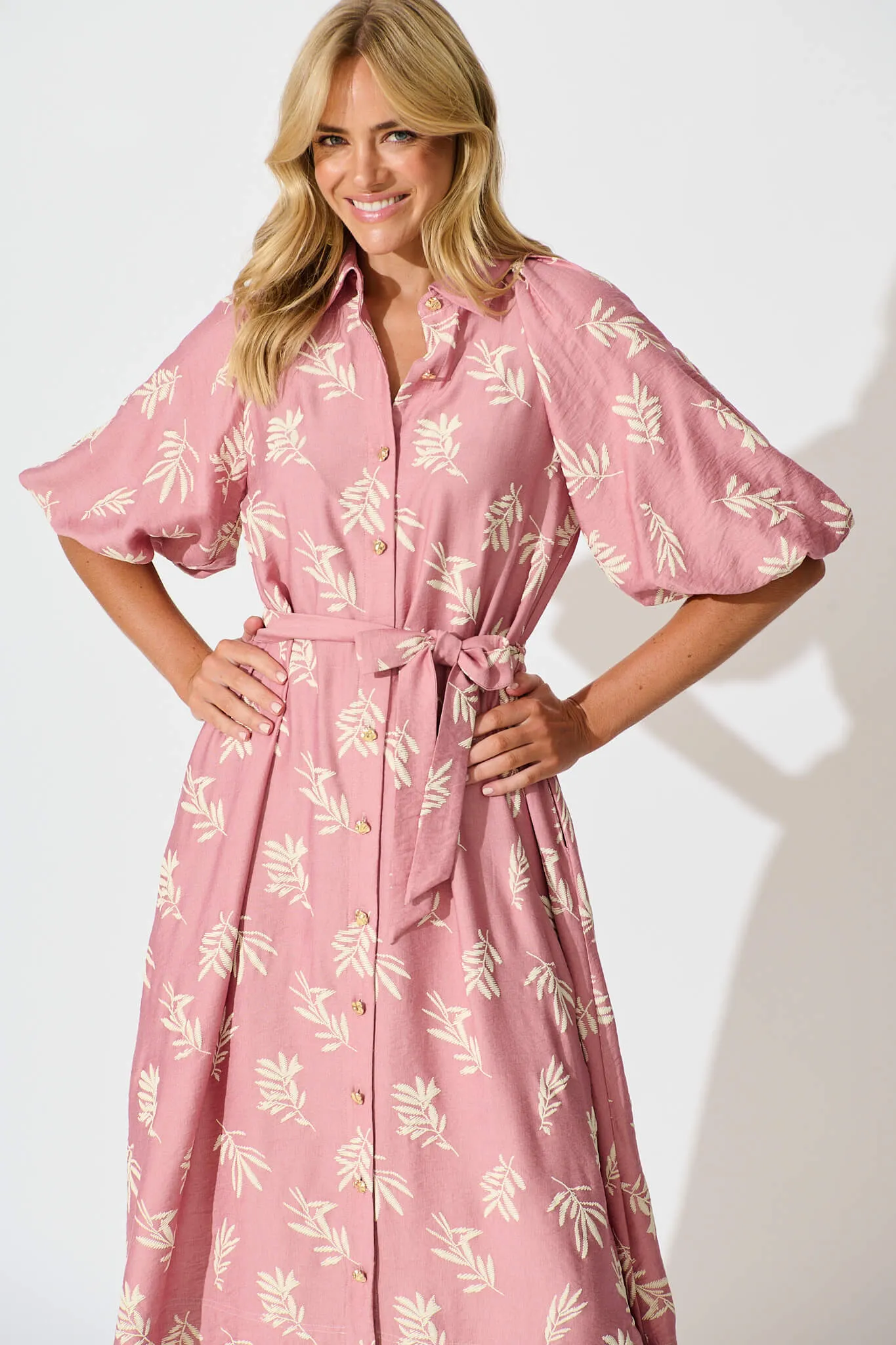 Jasmine Midi Shirt Dress in Dusty Rose with Cream Leaf sold by St Frock product image thumbnail 2