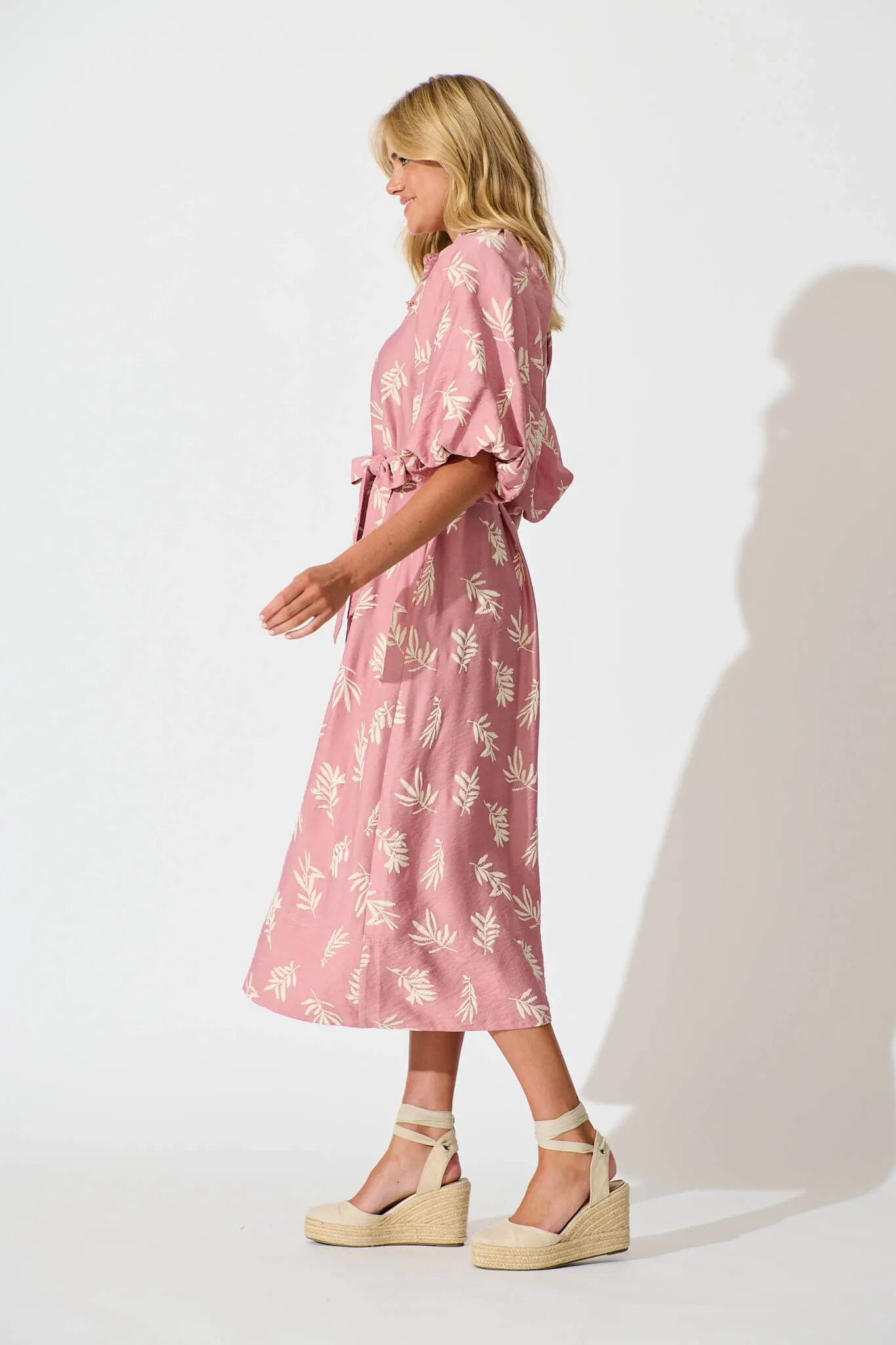 Jasmine Midi Shirt Dress in Dusty Rose with Cream Leaf sold by St Frock product image thumbnail 3