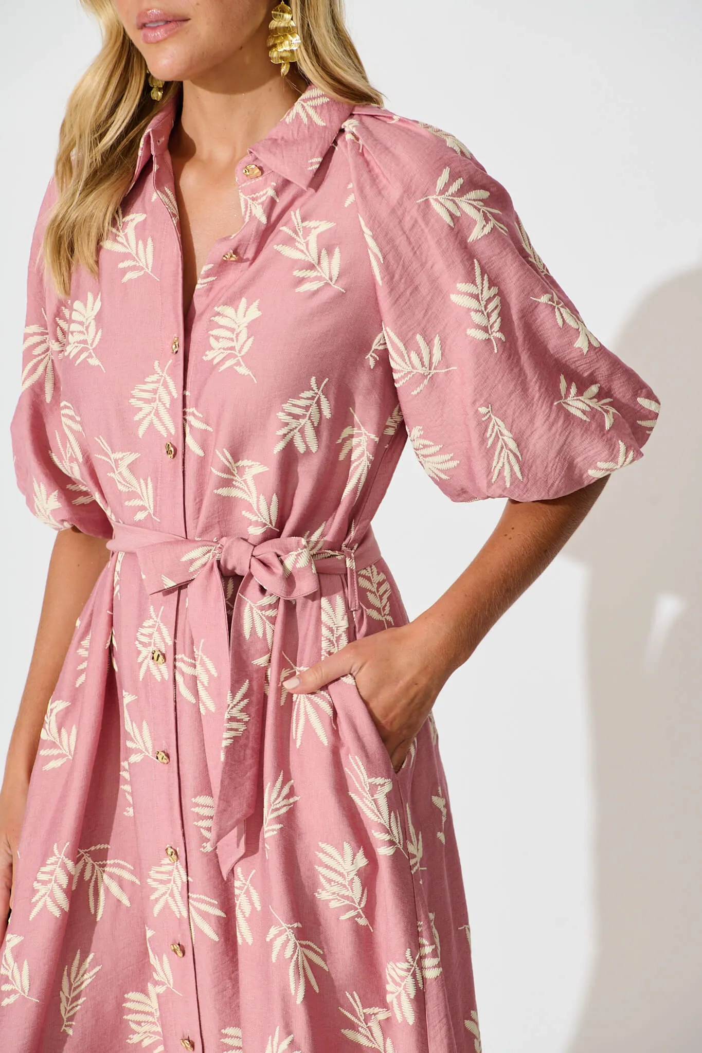 Jasmine Midi Shirt Dress in Dusty Rose with Cream Leaf sold by St Frock product image thumbnail 5
