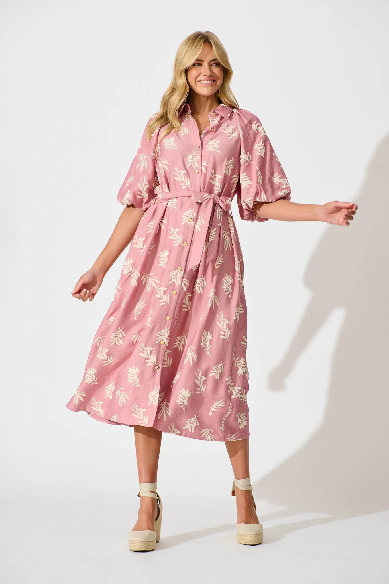 Jasmine Midi Shirt Dress in Dusty Rose with Cream Leaf sold by St Frock
