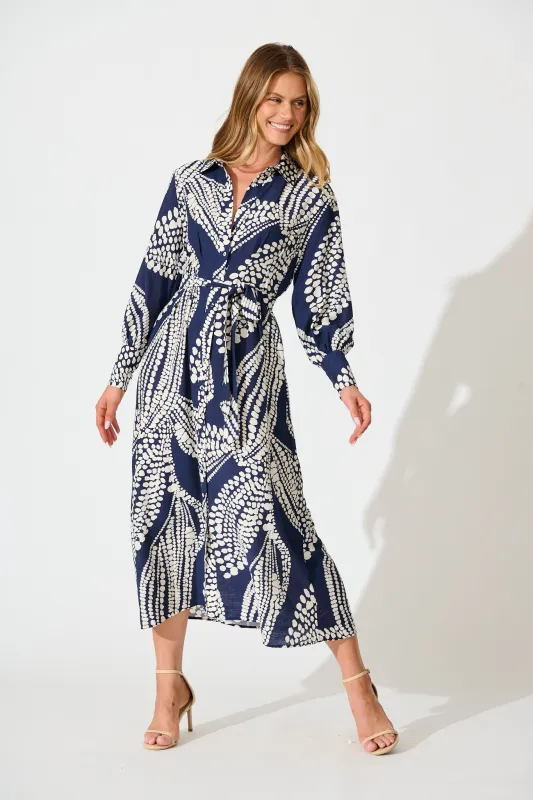 Clara Maxi Shirt Dress in Navy with White Print sold by St Frock