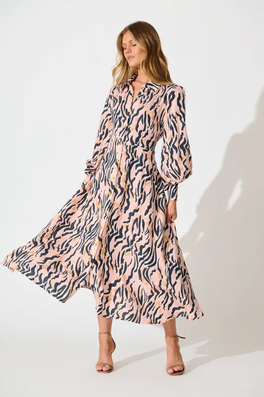 Ciao Bella Maxi Shirt Dress in Blush with Black Print sold by St Frock
