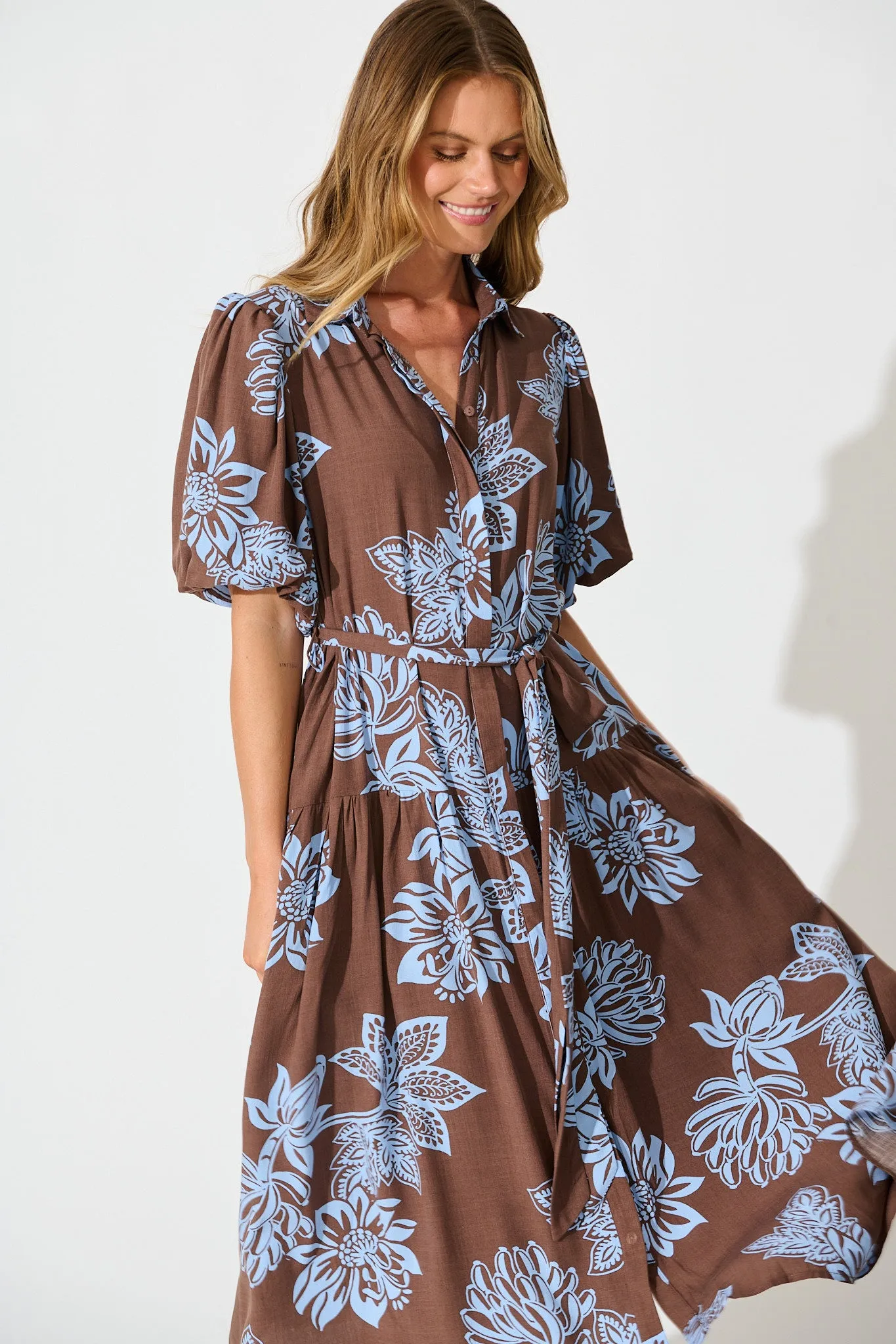 Infinite Maxi Shirt Dress in Brown with Cornflower Blue Floral sold by St Frock product image thumbnail 2